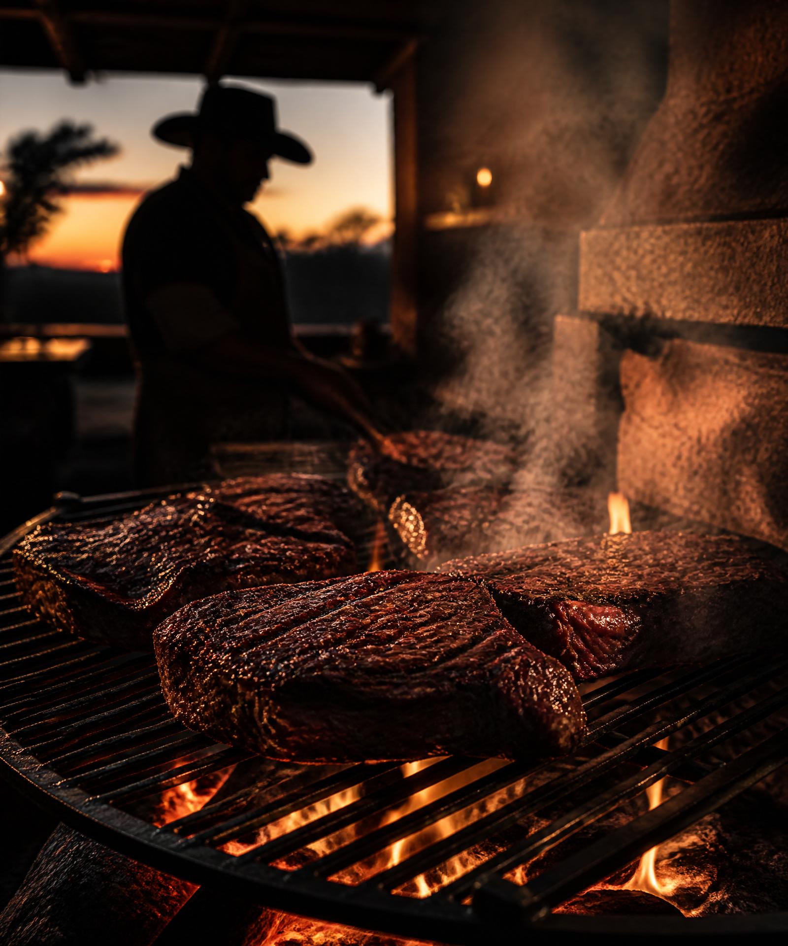 Parrilla de mezquite con cortes de carne asada al atardecer